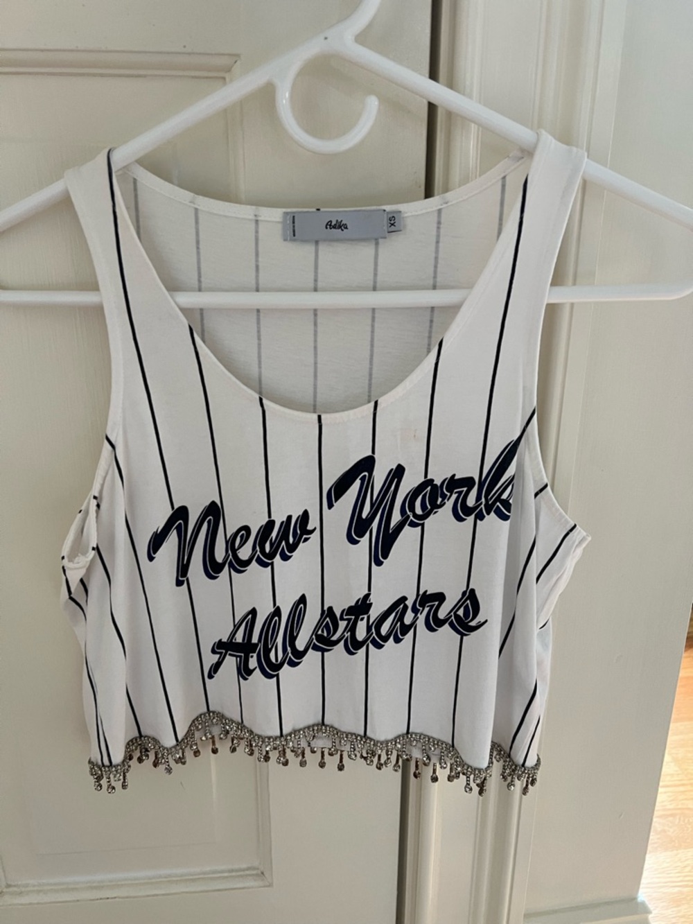 Adika Striped 'New York Allstars' Beaded Hem Crop Tank